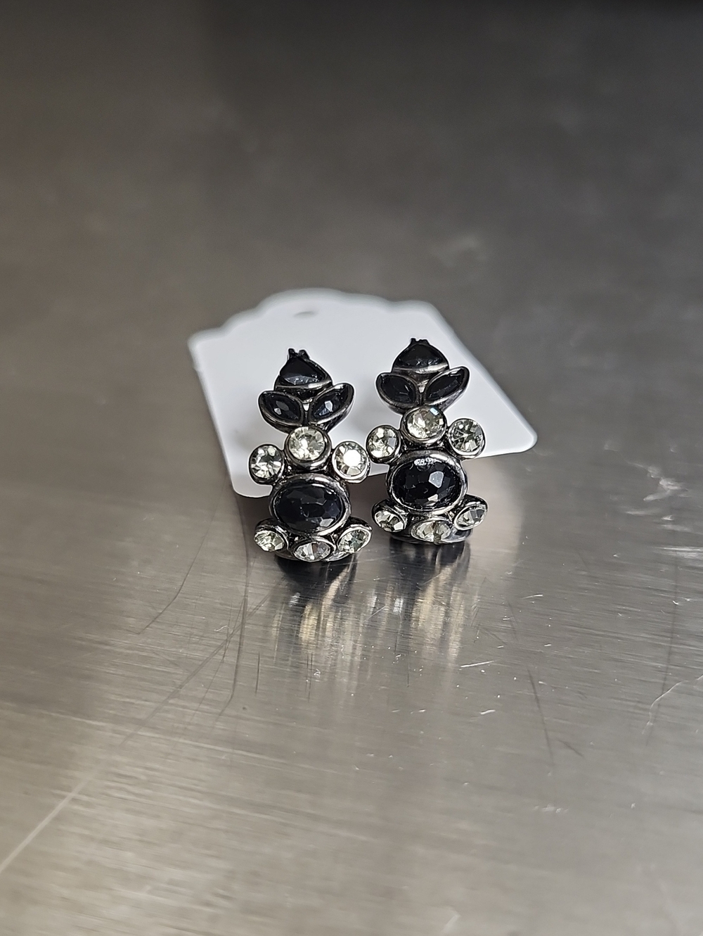 Black Crystal Floral Stud Earrings - Unbranded